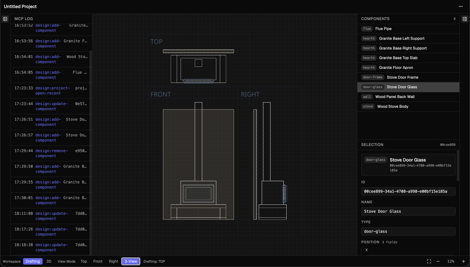 Atriana app in 2D drafting mode showing top, front, and right projections of the same wood-burning stove design